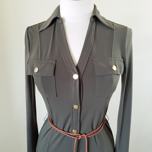 Michael Kors Long Sleeve Button Down Dress - Olive Green- XS - Picture 4 of 12